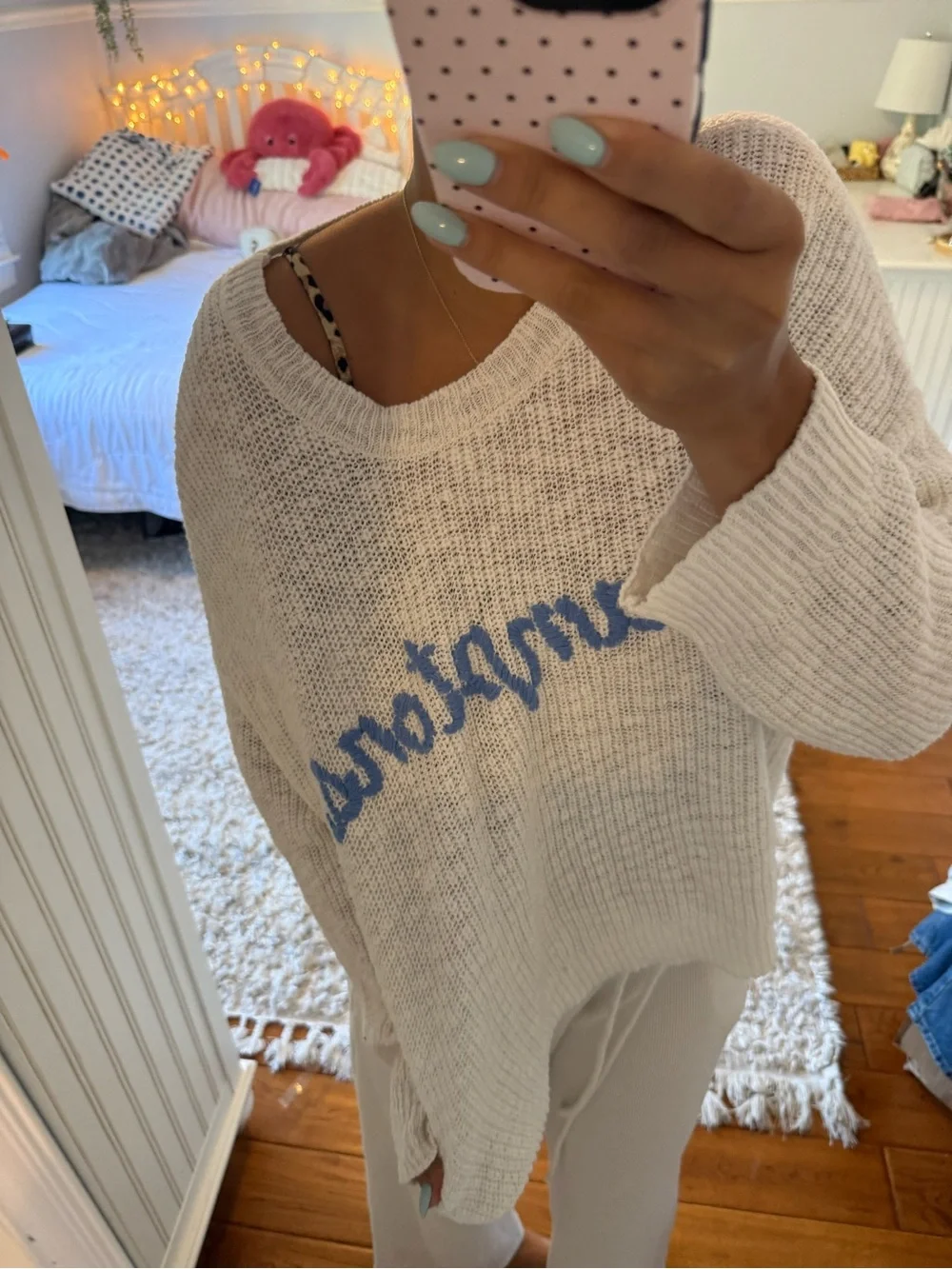 Cozy Cream Pullover Sweater with Blue “hamptons”